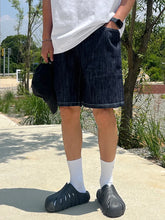 Threebooy 2024 Summer New Men's Denim Shorts Korean Style Elastic Waist Design Straight Trend Fashion Loose Casual Pants